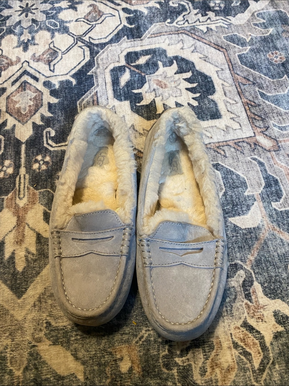 UGG Women's Light Gray Suede Moccasin Slippers with Faux Fur